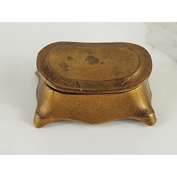 Rare Gold Brass Mini Trinket Coffin Chest Stamp Box 3 1/4" Home Art Decor Vtg - Picture 2 of 14